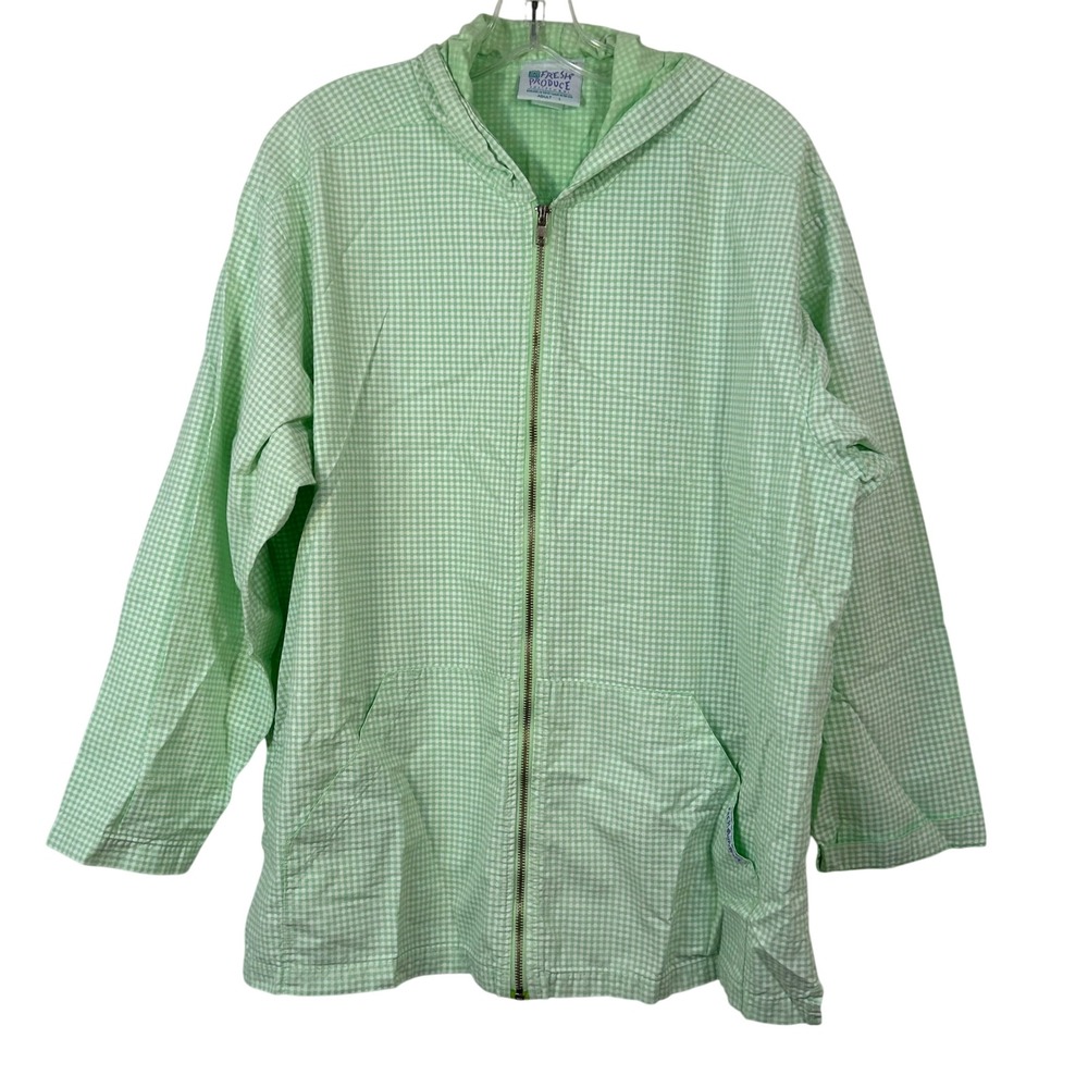 Fresh Produce Gingham Full Zip Hooded Jacket Green White Cotton Womens Large